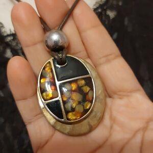 Signed KC Sparkly Multicolor Enamel and Hammered Disc Double Pendant Necklace
